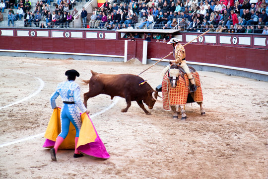The horseback picador and toro, Madrid , Spain