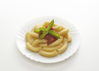 Piatto di maccheroni con sugo di pomodoro e basilico