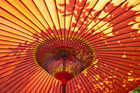 Closeup of a red Japanese parasol
