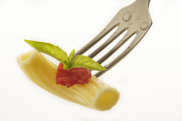 forchetta con maccherone sugo di pomodoro e foglia di basilico