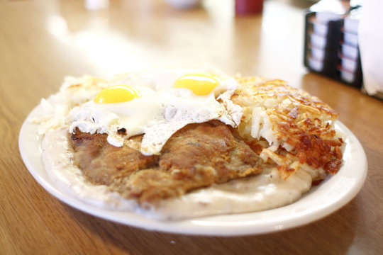 Country fried steak and eggs