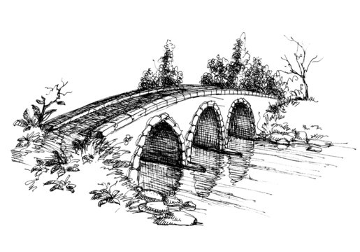 Stone bridge over river sketch