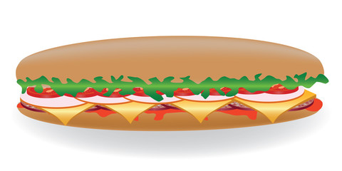 Big sandwich with lettuce, tomato, salami, cheese, ketchup