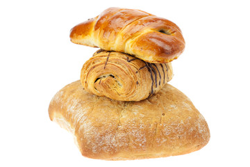 bread, roll with poppy seeds and roll with chocolate isolated on