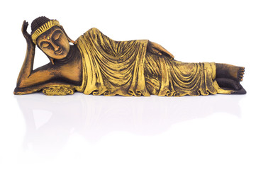 Teak wood lying buddha on white background.