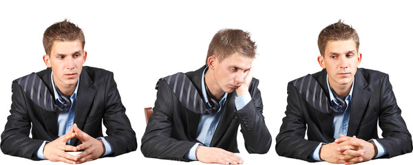young businessman in a suit, sitting in different positions