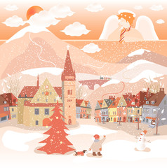 Decorative Christmas postcard with  angel and city.