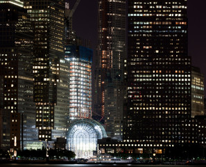Financial District Manhattan at Night over Hudson river
