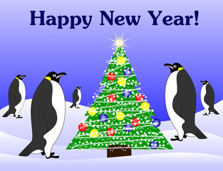 new year penguins and fir tree