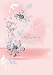 Flowers on a vertical artistic pink background.