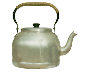Very old kettle with whipping on handle - isolated
