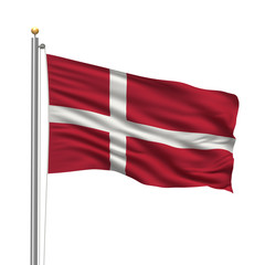 Flag of Denmark waving in the wind in front of white background