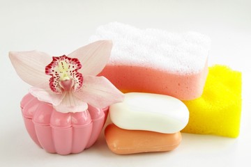 soaps and sponges in bathroom