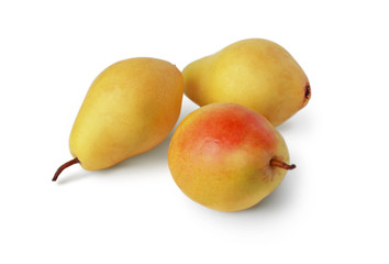 Three ripe yellow pears on a white background
