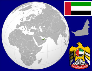 United arab emirates globe map locator world flag coat