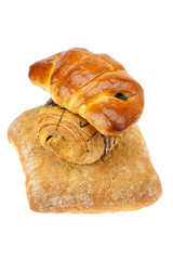 bread, roll with poppy seeds and roll with chocolate isolated on