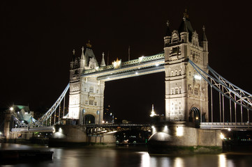 The famous Tower Bridge in London at night.
