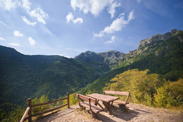Benches and table in the mountains