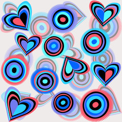 Background with funky colored hearts and circles