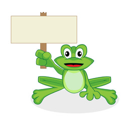 cute happy looking tiny green frog holding up a blank sign