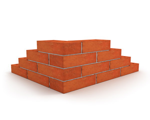 Corner of wall made from orange bricks isolated on white