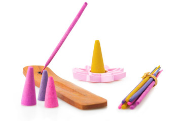 Incense aroma sticks and cones over white