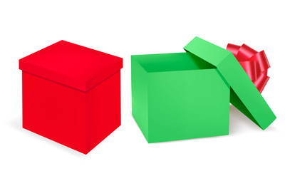 Red and green gift boxes with red ribbon. Vector