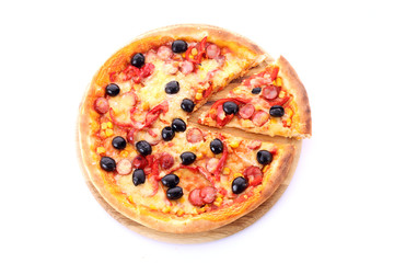 Pizza with olives on wooden plate isolated on white.