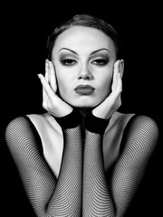 Black and white portrait of beauty girl in dark tone