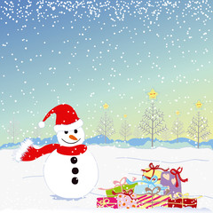 Christmas greeting snowman with colorful present