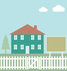 Residential home with blank sign for own text or graphics