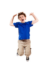 Boy jumping, running isolated on white background