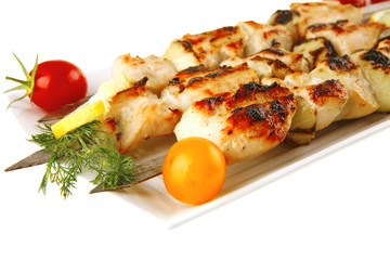 roast shish kebab on white