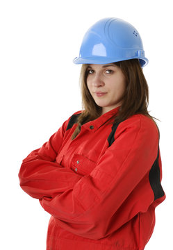 young female apprentice in red coverall