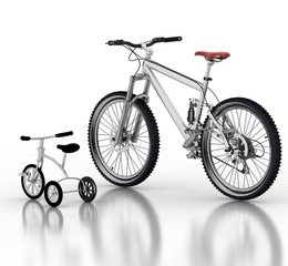 Children's bicycle against a sports bike