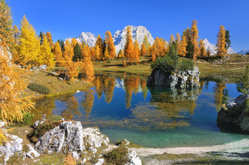 Bergsee im Herbst mit Spiegelung in den Dolomiten