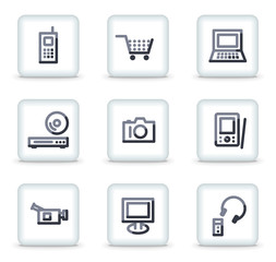 Electronics icons, white square glossy buttons