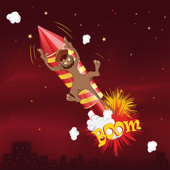 Fototapeta premium Monkey flying on fireworks