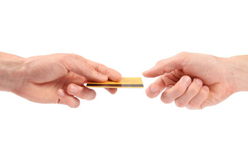 hand gives credit card to another hand