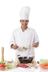 Cheerful nepalese man chef, fresh ingredients