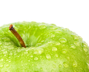 Green apple with water drops