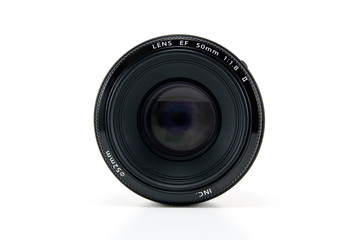 A 50mm camera lens isolated on white.
