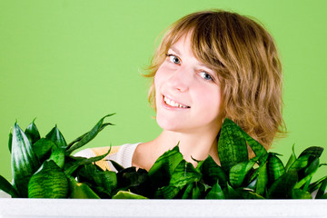 happy girl with plants