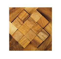 wooden square figures assemble in puzzle isolated