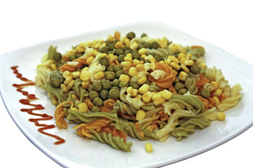 Colorful pasta with peas and sweet corn