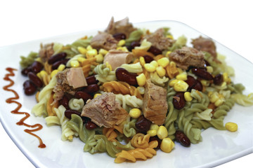 Colorful pasta with beans, corn and tuna fish