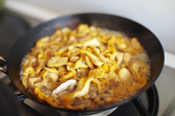Chanterelle cooking in the frying pan