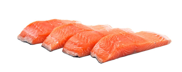 Slices of salmon, isolated on a white background.