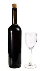 bottle with red wine and glass
