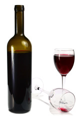 bottle with red wine and glass